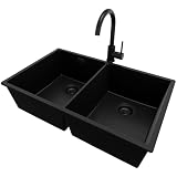 PRIMAGRAN Fregadero bajo Encimera Todo Negro 76x47cm, Granito 2 Senos + Grifo 32x20cm + Sifón, Cocina al mueble 80cm - London Twin S010