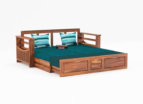 Image of Solid Sheesham Wooden Sofa Cums Bed with Mattresses for Living Room|Rosewood 3-Person Sofa Cums Bed for Bedroom Without Pillow (E-Natural Finish)