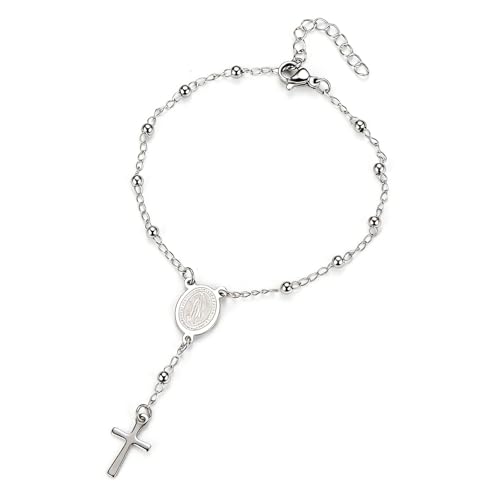 GAUEIOUR Dainty Rosary Cross Bracelet for Women Silver Plated Y Chain Virgin Mary Crucifix Bracelets Adjustable Christian Catholic Prayer Baptism Easter Holy First Communion Jewelry Gifts