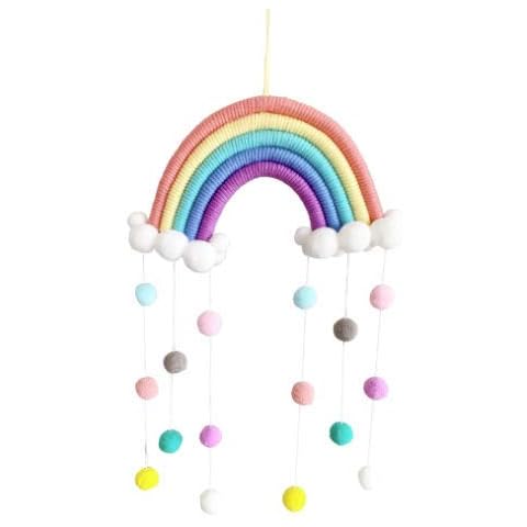 Decoración de pared de macramé arcoíris con pompones boho para habitación infantil Cover