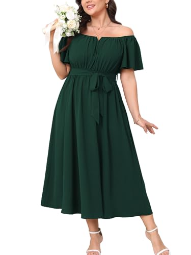 Image of SCOMCHIC Women Plus Size Maxi Dress Off The Shoulder Bridesmaid Formal Wedding Guest Belted Flowy A Line Long Dresses