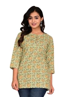 Women Trendy Jaipuri Printed and Round Neck with Buttons Cotton Short Kurta