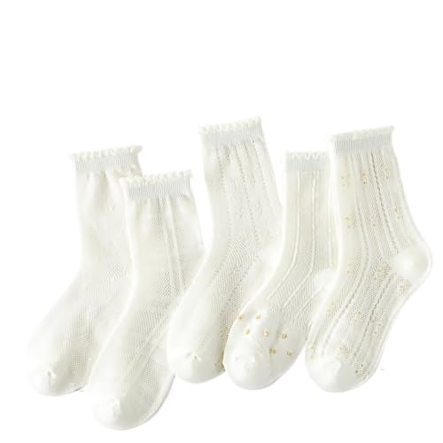 5 Pairs Lolita Kids Socks - Breathable Cotton Summer Socks for Girls - Cute Lace Trim, Anti-Slip