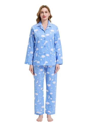Image of GLOBAL Women Cotton Pajamas Long Sleeve PJs Button Down Sleepwear S-3XL