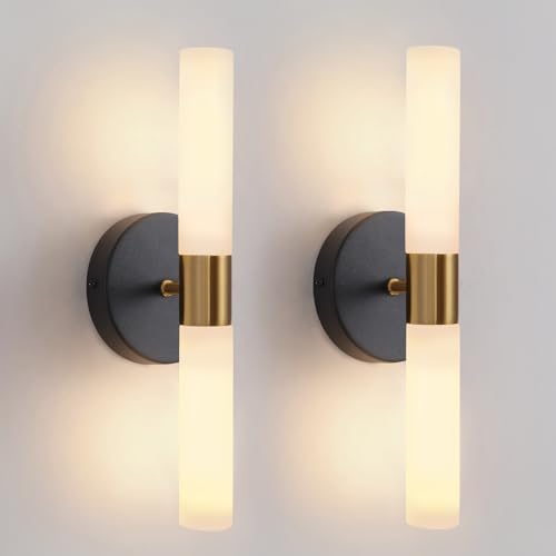 Wall Sconces Set of Two Black and Brass Gold Wall Lamp Sconces Wall Lighting with White Glass Wall Lights Wall Light Sconces Wall Decor Set of 2 for Living Room Wall Scones, Wall Lights