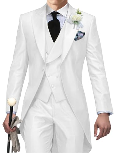 Men's Tailcoat Suit,Mens Tuxedo 3 Piece Slim Fit Suits Double Breasted for Men Summer Wedding,Proms,Concert,White,3XL