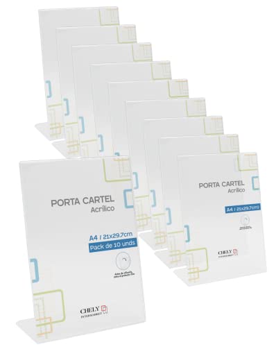 CHELY INTERMARKET | Porta cartel metacrilato A4 MOD.3702/Vertical (Pack 10 Unds) Especial para informaciones, restaurantes, tarifas, eventos, ferias. Fácil de colocación. (3702-A4*10-0,20)