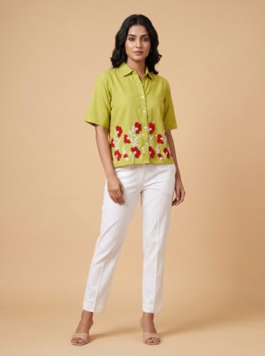 Image of Stylish Women's Embroidered Shirts | Geometric Pattern Half Sleeve Collared Button-Up Casual Shirt for Women