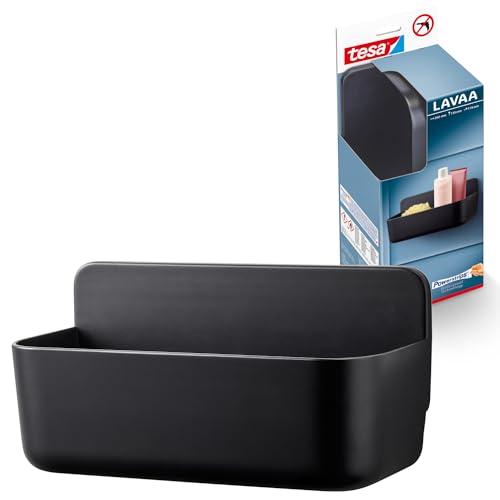 tesa Lavaa Duschkorb M schwarz matt - Duschablage zur Wandmontage ohne Bohren inkl Powerstrips Waterproof Strips XL - 260 mm x 130 mm x 110 mm