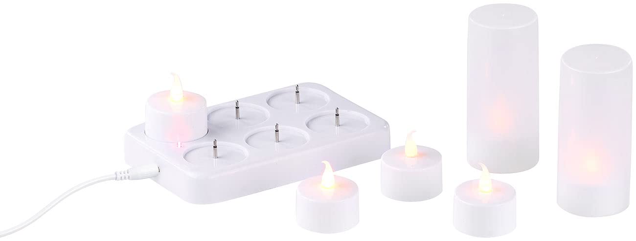 Lunartec Dekoglas Teelichter: 3er-Set, je 6 LED-Akku-Teelichter, flackernde Flamme, Teelichthalter (mit beweglicher Flamme, LED-Lichter mit Ladestation, Akkus)