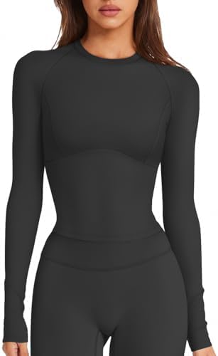 Long Sleeve Workout Tops for Women Double Lined Fitted Crop Top Sport Running Shirts Athletic Gym Tops