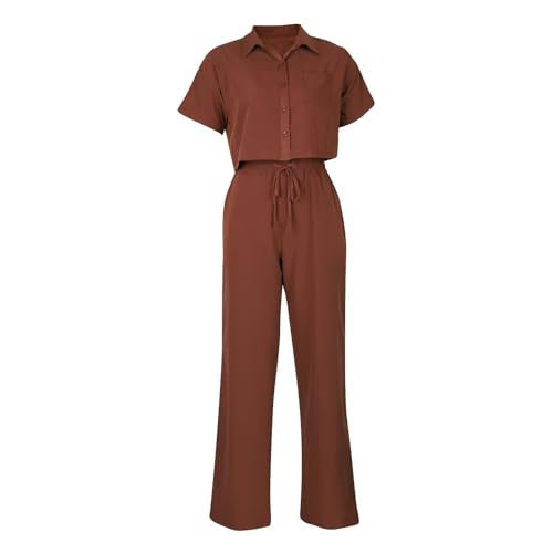 ThusFar Women's Brown Linen Two-Piece Set: Elegant Palazzo & Collared Shirt Outfit for Office & Summer - Image 4