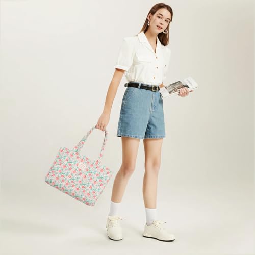 Image of Floral Quilted Cotton Shoulder Bag for Women Daily Use Medium Size Handbag Large Capacity Thickened Design Tote