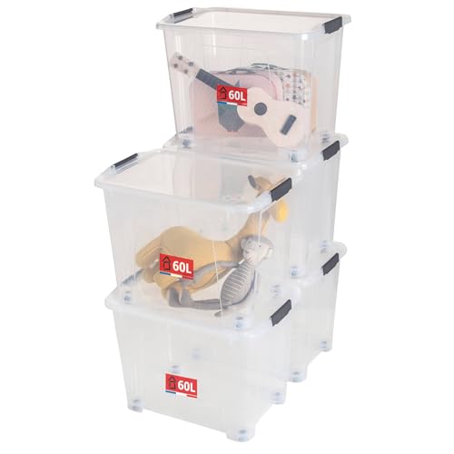 SUNDIS View Box, boîtes de rangement plastique avec couvercle, lot de 5, 60l, superposables et empilables, multi-usages, idéales pour ranger les jouets,...
