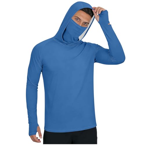 Men's Long Sleeve Sun Shirt Cooling Fishing Hoodie UV SPF Hiking Shirt UPF 50+ Rash Guard with Mask Summer Gear Blue