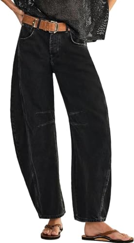 Women's Baggy Wide Leg Jeans Barrel Vintage Cropped Raw Hem Denim Pants Trendy Vintage Jeans