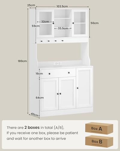 Credenza, Credenza Cucina con LED, Presa Elettrica, Ripiani Regolabili, Mobile Buffet con Cassetti, Armadio da cucina, Piano di Lavoro, Grande Spazio, Cucina, Sala da Pranzo, 103.5*40*180 cm, Bianca - immagine 4