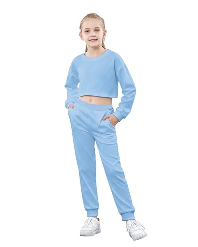 Image of Betusline Girls 2 Piece Outfits Girls Cropped Sweatsuit Pants Outfit Clothes Set, 4T-14 Years