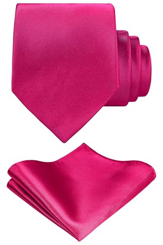 TIE G Solid Satin Woven dyed Color Formal Black Necktie and Pocket Square Sets in Gift Box (Fuchsia Pink)