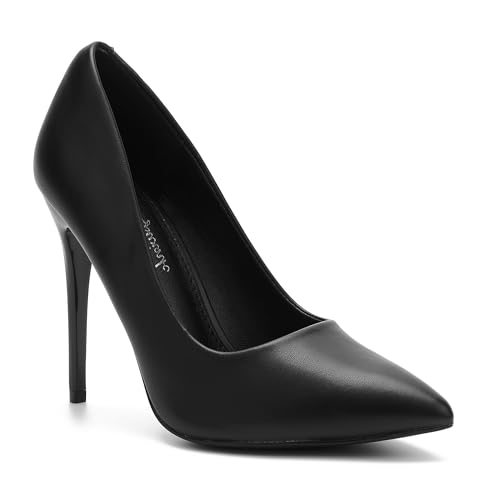 hingswink Womens Black High Heels 4 Inch Closed Pointed Toe Pumps Stiletto Heels for Women Dress Sexy Wedding Pumps, PU Black09
