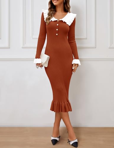 ZESICA Women's Long Sleeve Sweater Dress 2026 Fall Lapel Collar Button Elegant Casual Midi Bodycon Dresses