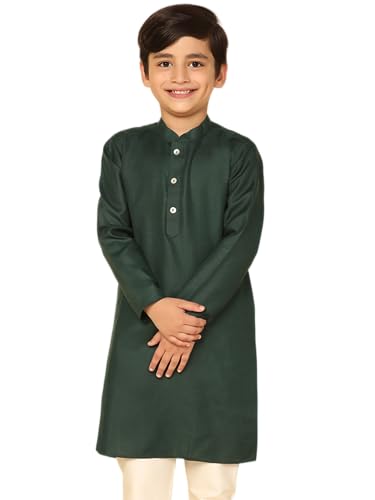 KISAH Kurta de algodón para niños, manga completa, ajuste regular, longitud hasta la rodilla, color verde oscuro, ropa tradicional para niños, Verde oscuro, 7- 8 años