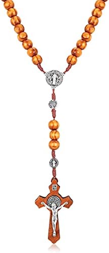 Hicarer Olive Wood Rosary Necklace Catholic Rosary Cross Wood Beads Handmade Rosary Wooden Chain Cross Olive Wood Beads Necklace with Flannel Bag for Men and Women Necklace (Dark Brown)