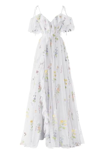 Women's Flower Embroidery Tulle Prom Dresses Spaghetti Straps Long Formal Evening Gowns 2025