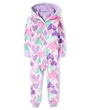 The Children's Place,Girls,Long Sleeve Fleece Hooded Zip Front One Piece Pajamas,White Hearts,Small