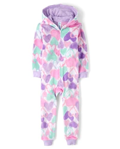 The Children's Place,Girls,Long Sleeve Fleece Hooded Zip Front One Piece Pajamas,White Hearts,Small