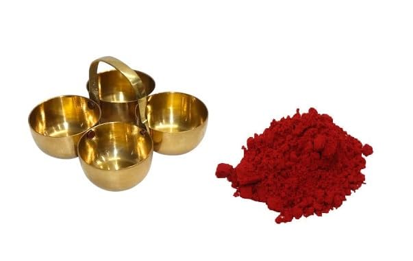 KULIA® Red Kumkum Sindor Powder With Brass Bowl For Tilak, Pooja Hindu Religious Thread Pooja Samagri Sindoor Powder For Tilak, Tikka, Pooja Havan Festival Prayers Temple Décor Red Sindoor Powder