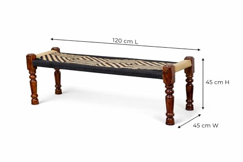 Image of Handwoven Wooden Bench | Traditional Rope Charpai Stool | Solid Wood Frame Seating for Living Room, Balcony & Outdoor | Durable & Stylish Design (Black with Jute)