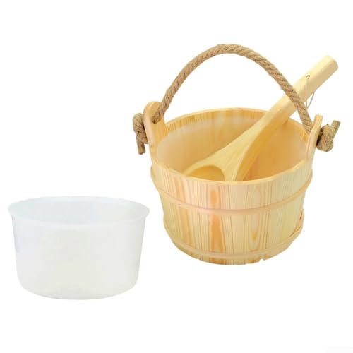Seau et louche en bois d'épicéa de 6 l avec poignée en corde et doublure en plastique pour une utilisation dans les saunas domestiques et commerciaux