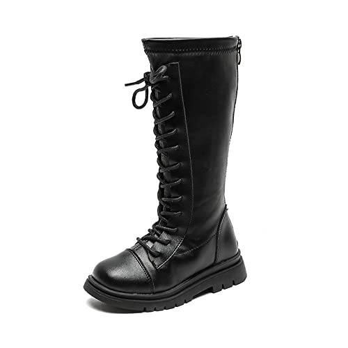 Girl's Fashion Boots Kids Girls Waterproof Lace-Up Side Zipper Fur Lined Knee High Leather Winter Boots Mid Calf Combat Riding Boots Dress Princess Shoes