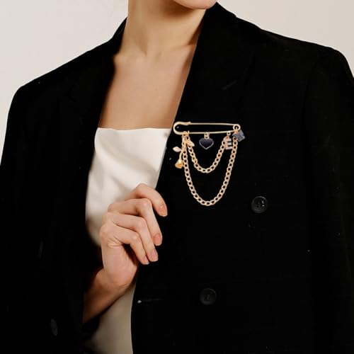 Image of Vintage Gold Silver Moon /Star Tassel Chain Brooch,PunStyle Crystal Star Moon Lapel Pins Cubic Zirconia Sweater Shawl Clips Collar Brooch for Women (Gold2)