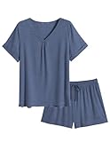 Ekouaer Pajamas Set Women's Short Sleeve 2 Piece PJ Sets V Neck Comfy Sleepwear Loungewear with Pockets Navy Blue,X-Large