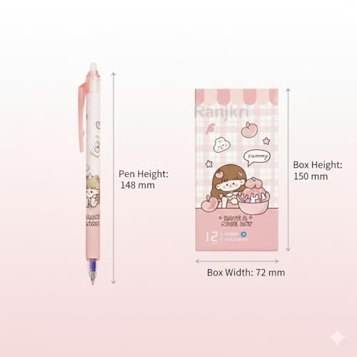 Image of Erasable Gel Pens Pack of 12 | 0.5 mm Fine Tip Blue Ink | Cute Cartoon Design | Smooth Writing Heat Erase Pens for School, Students, Kids & Office Use