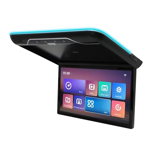 Monitor de techo for coche 22 pulgadas, abatible hacia abajo, reproductor vídeo 1080P, pantalla IPS, luces ambientales 16 colores(Black)