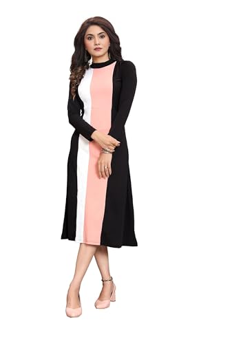 Image of LONDON BELLY Women's Poly Cotton Maxi Dress with 3 /4 Sleeves Round Boat Neck Striped Pattern Regular Fit and Calf Length | Womens Maxi Dress Cotton | Stylish Trending Dresses for Woman