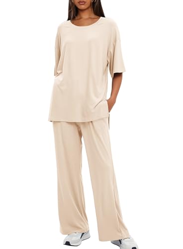 Image of Darong Women's Two Piece Sets Casual Short Sleeve Top Wide Leg Pants Lounge Matching Set Travel Vacation Airport Outfits