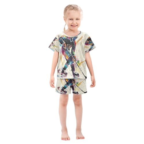 ALAZA Ice Hockey Player Stylish Pajamas Set Short Sleeve Cotton Sleepwear Summer Pjs 2 Piece 5-14Y3