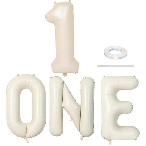 40 Inch Beige 1 & One Balloons for 1st Birthday, Cream White Sand Number 1 Balloon Letter with Ribbon, Ivory Alphabet One Balloon for Boys Girls First Birthday 1 Year Old Baby Shower Party Decoration Cover