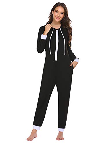 Ekouaer Women Onesie Outfit Long Sleeve One Piece Pajama Non Footed Union Suit Button Down Jumpsuit Sleepwear with Hood Black Small