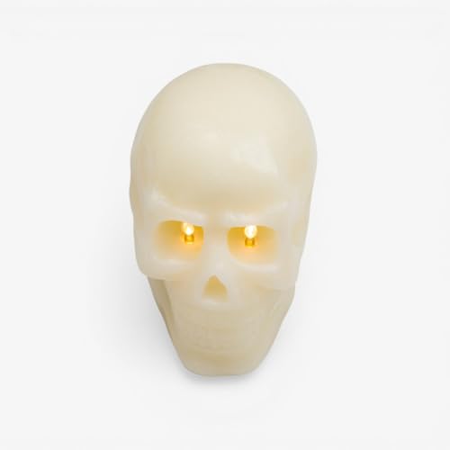 Image of Luminara EXC COL Flameless Moving Flame Ivory Skeleton Skull with Dual Flames Figural Real Wax LED Candle, Unscented, Timer