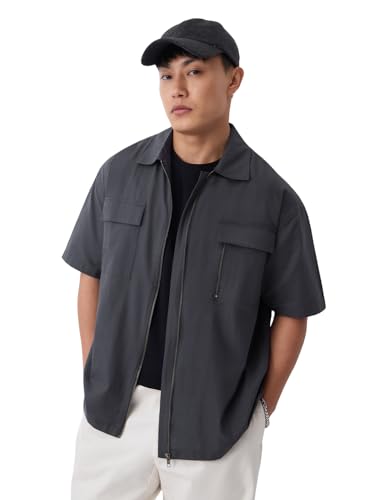 Image of The Souled Store Zipper Shirt: Men and Boys Short Sleeve Spread Collar Zipper Front Solid Textured Regular Fit Casual Easy to Style Everyday Office Wear Cotton Shirt