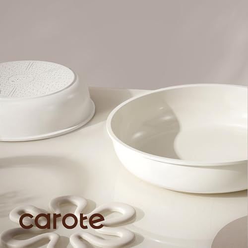 Image of CAROTE Ceramic Pots and Pans Set Non Stick, Nonstick Kitchen Cookware Sets with Lid, Detachable Handle Saute Pan Set, Non Toxic Frying Pan, Oven Safe, Induction Ready, Cream White