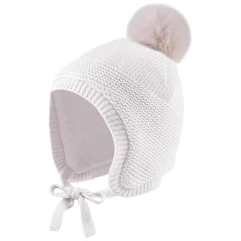 JANGANNSA Basic Winter Baby Boys Beanie Pompom Knitted Girls Hat Kids Earflap Beanies Warm Infant Toddler Hats(6-24 Months,White Hat) Cover