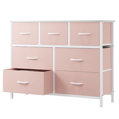 Image of OLIXIS 7 Drawers Dresser for Bedroom, Fabric Storage Tower for Living Room, Entryway - Sturdy Steel Frame, Wooden Top and Easy Pull Fabric Bins, Closet Chests Organizer for Clothes,Pink