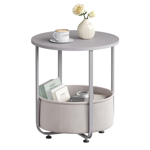 Woltu Mesita De Cafe Redonda, Mesa Pequeña Auxiliar Con Cesta De Lona De Almacenamiento, Estructura De Metal, Mueble Multiuso Para Salon, Balcon, Dormitorio, Gris