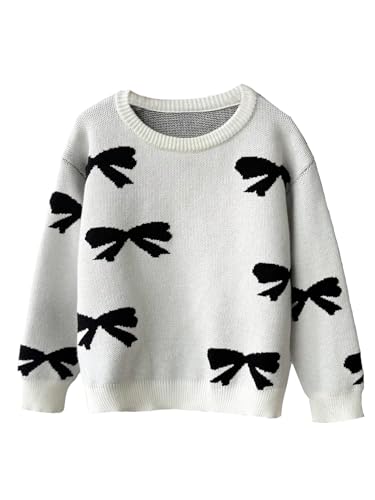 Image of BEAUDRM Girl's Bow Sweater Crew Neck Cute Sweaters Long Sleeve Knit Pullovers Sweater